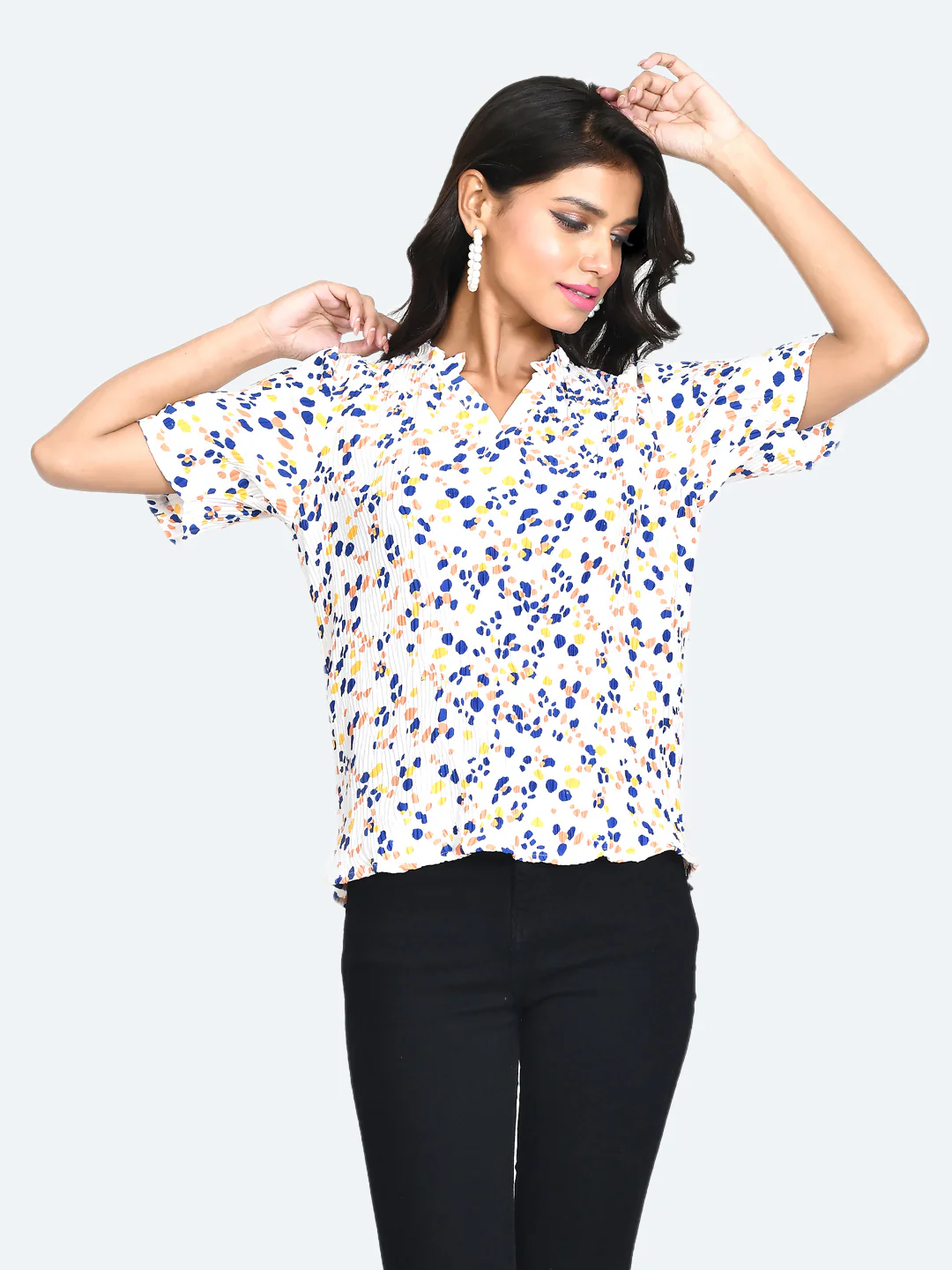 Off White Abstract Pleated Top - Image 2