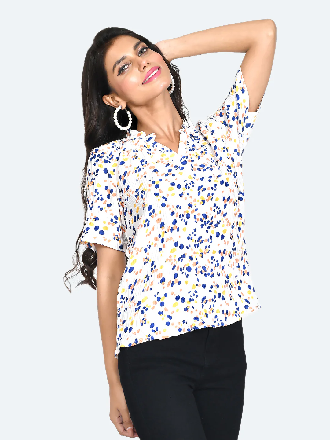 Off White Abstract Pleated Top - Image 3