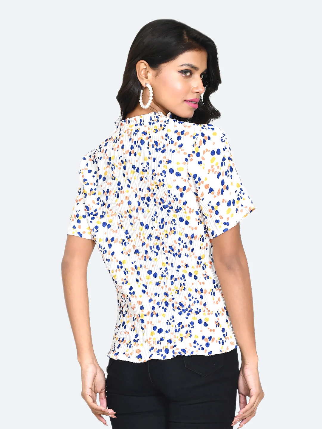 Off White Abstract Pleated Top - Image 4