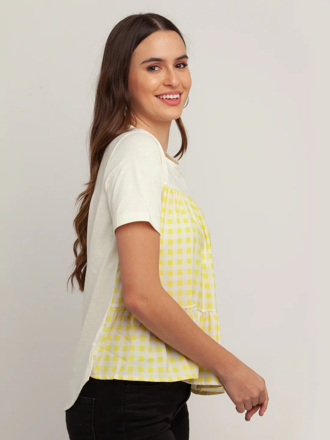 Off White Checked Short Sleeves Top - Image 3