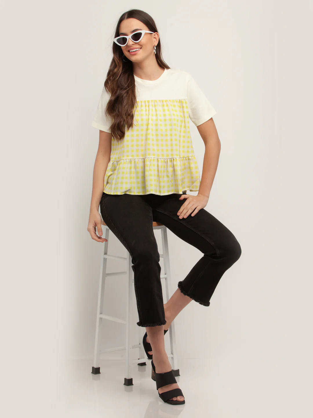 Off White Checked Short Sleeves Top - Image 5