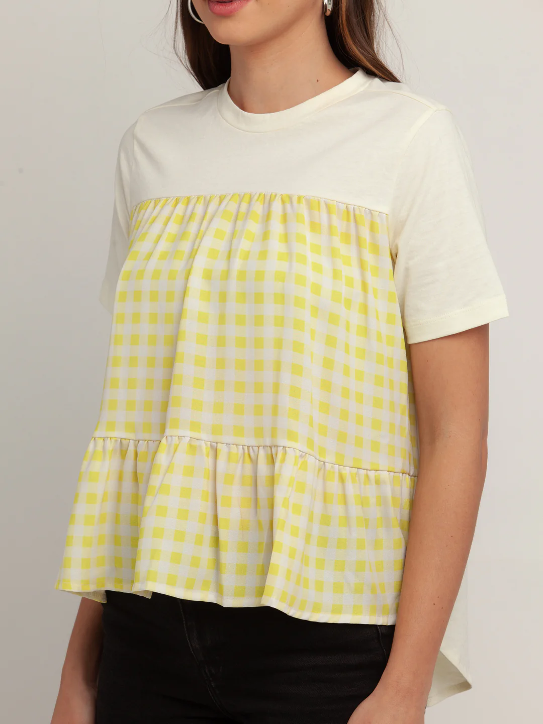 Off White Checked Short Sleeves Top - Image 6
