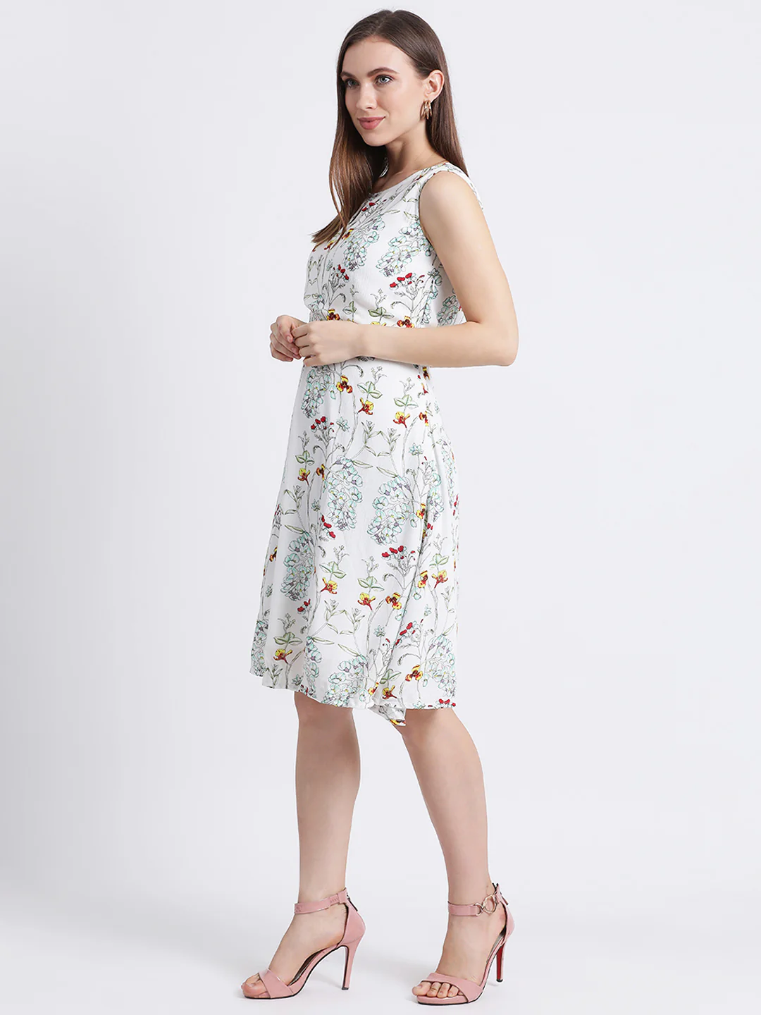 Off White Floral Print A-Line Dress - Image 2