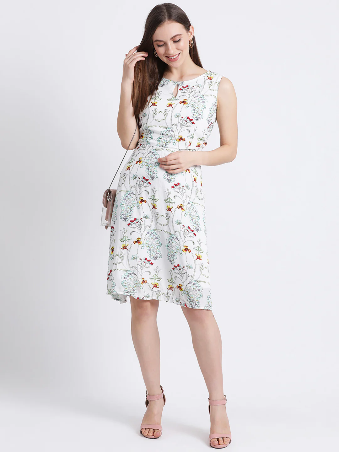 Off White Floral Print A-Line Dress - Image 5