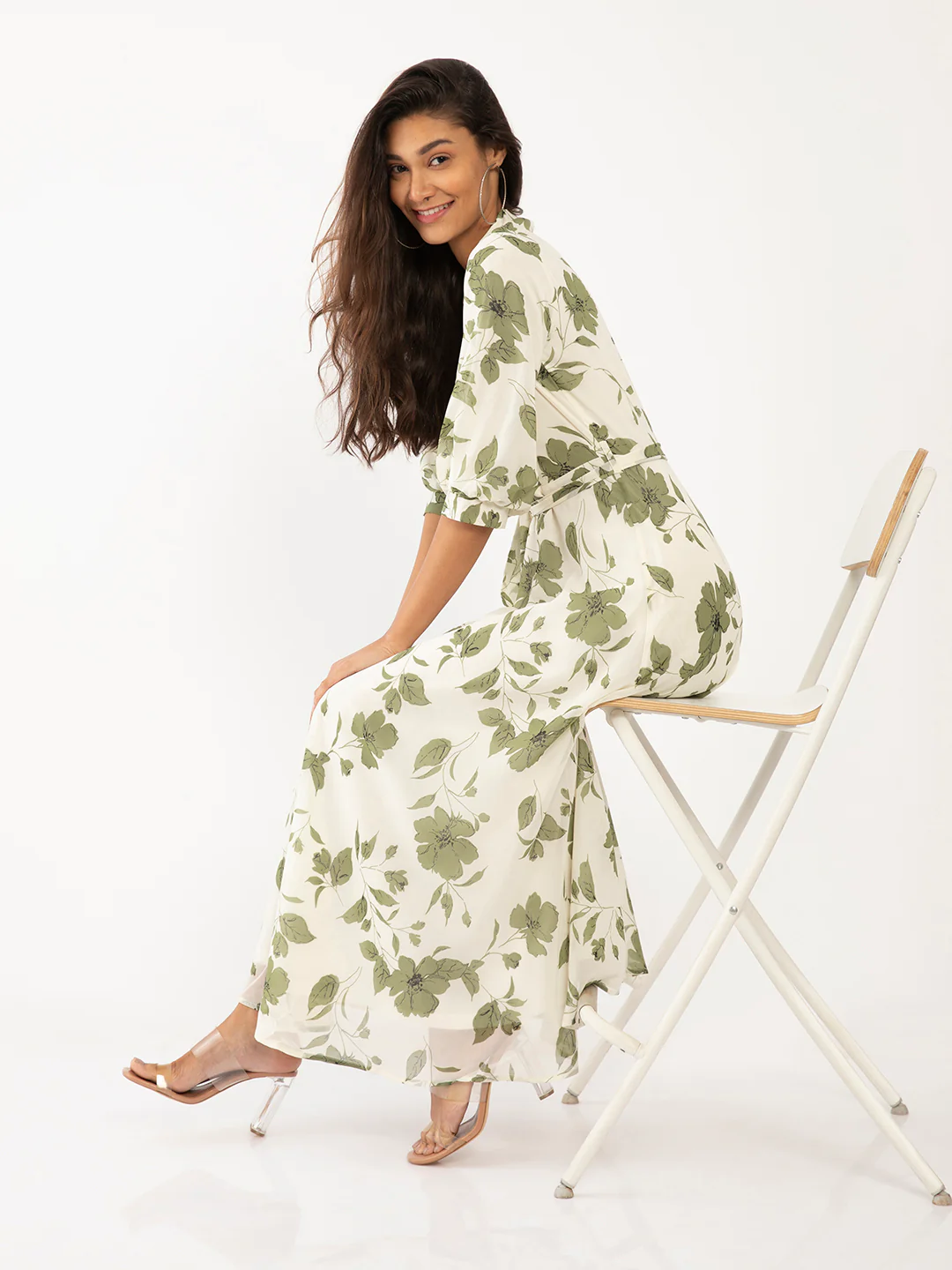 Off White Floral Print A-Line Maxi Dress