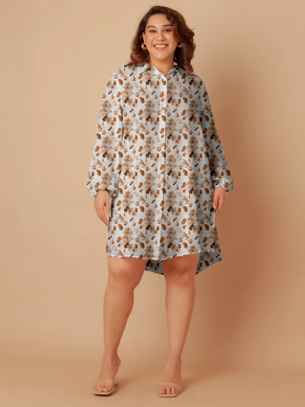Off White Floral Print Buttoned Long Shirt - Image 2
