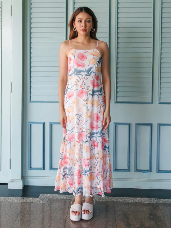 Off White Floral Print Flared Maxi Dress - Image 2