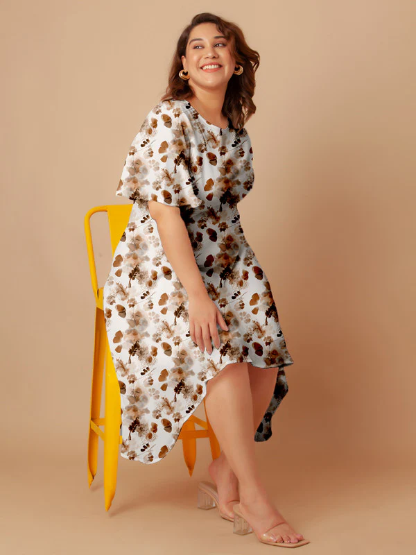 Off White Floral Print Flared Midi Dress