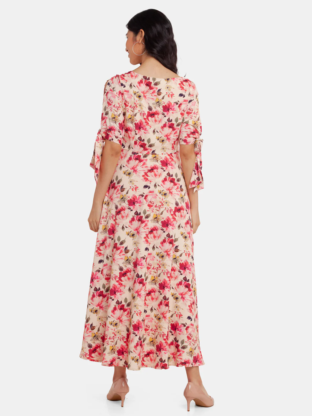 Off White Floral Printed Tie-Up Maxi Dress - Image 4