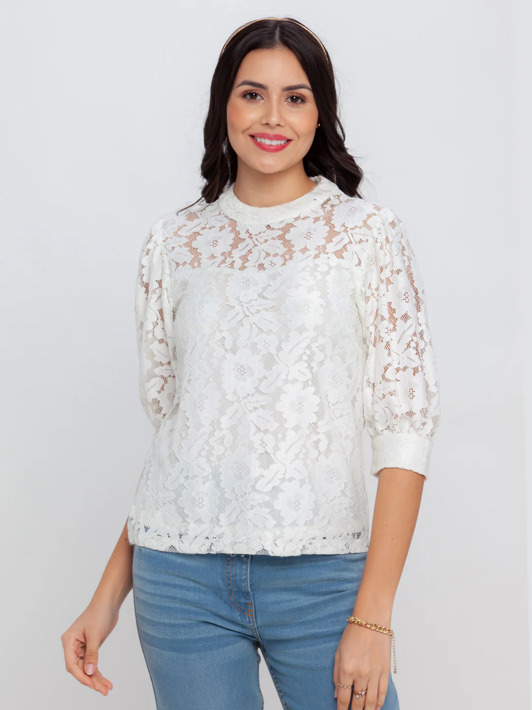 Off White Lace Fitted Top - Image 2