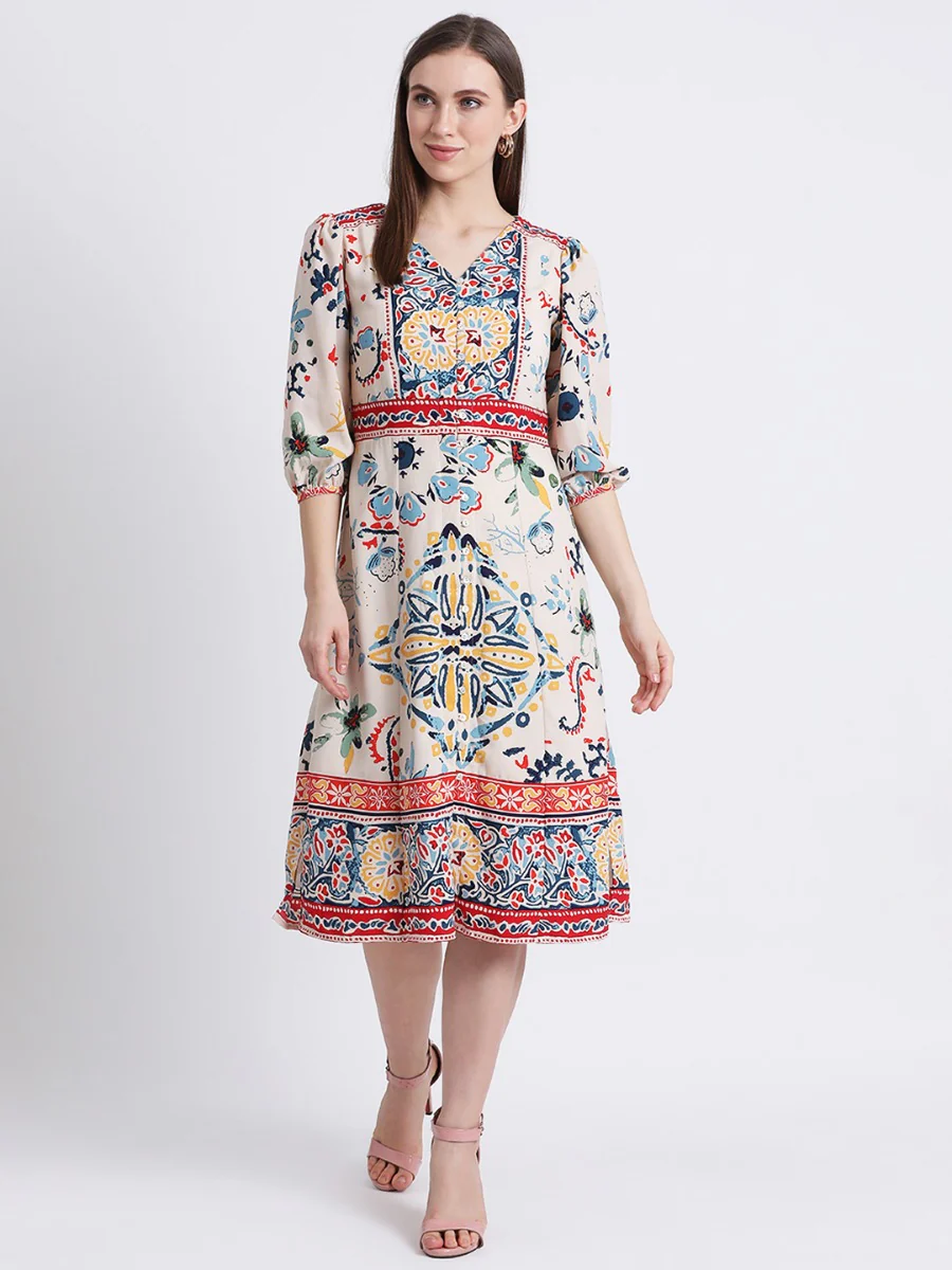 Off White Printed A-Line Dress - Image 2