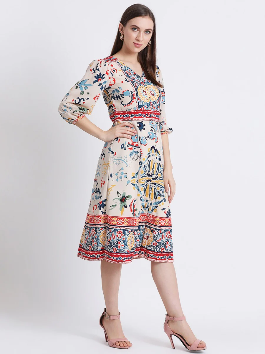 Off White Printed A-Line Dress - Image 4