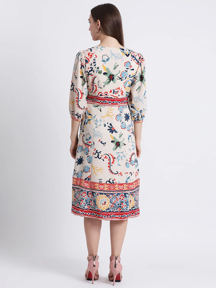 Off White Printed A-Line Dress - Image 5