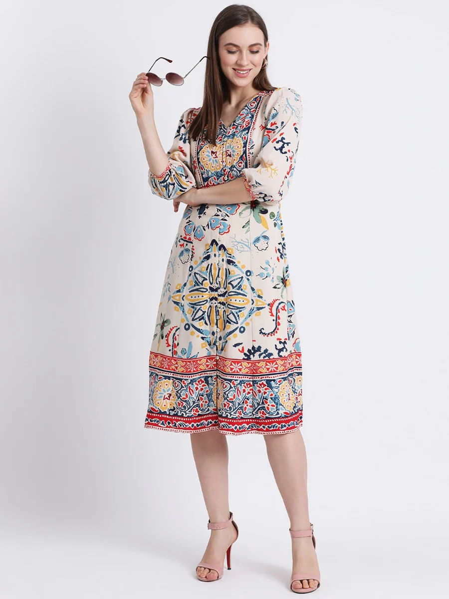 Off White Printed A-Line Dress - Image 6