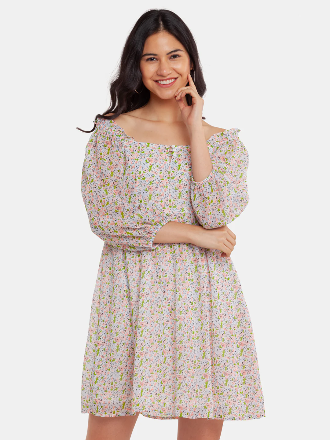 Off White Printed A-Line Short Dress - Image 2