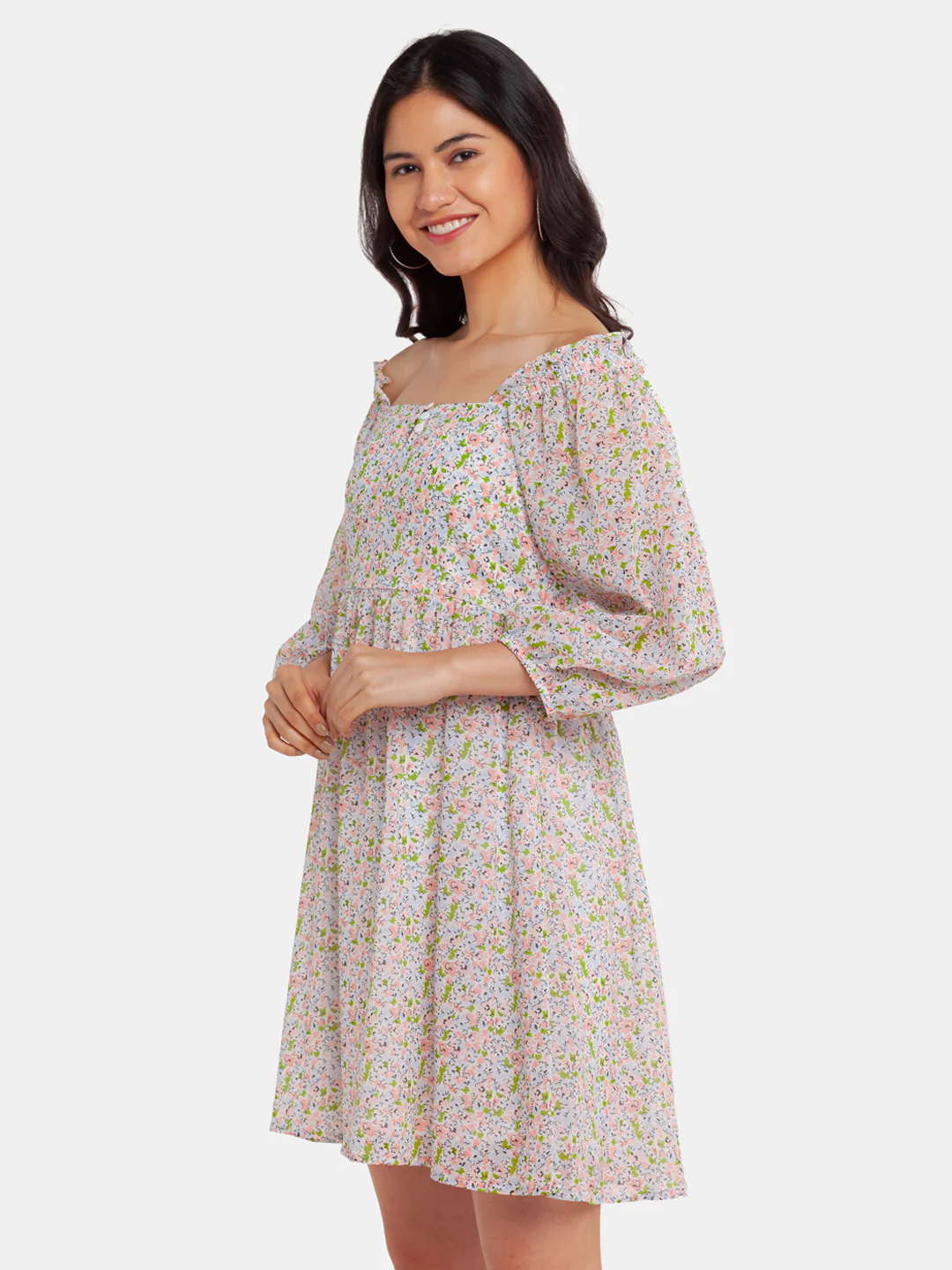 Off White Printed A-Line Short Dress - Image 3
