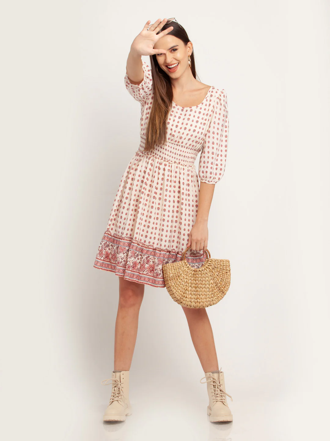 Off White Printed Elasticated Short Dress