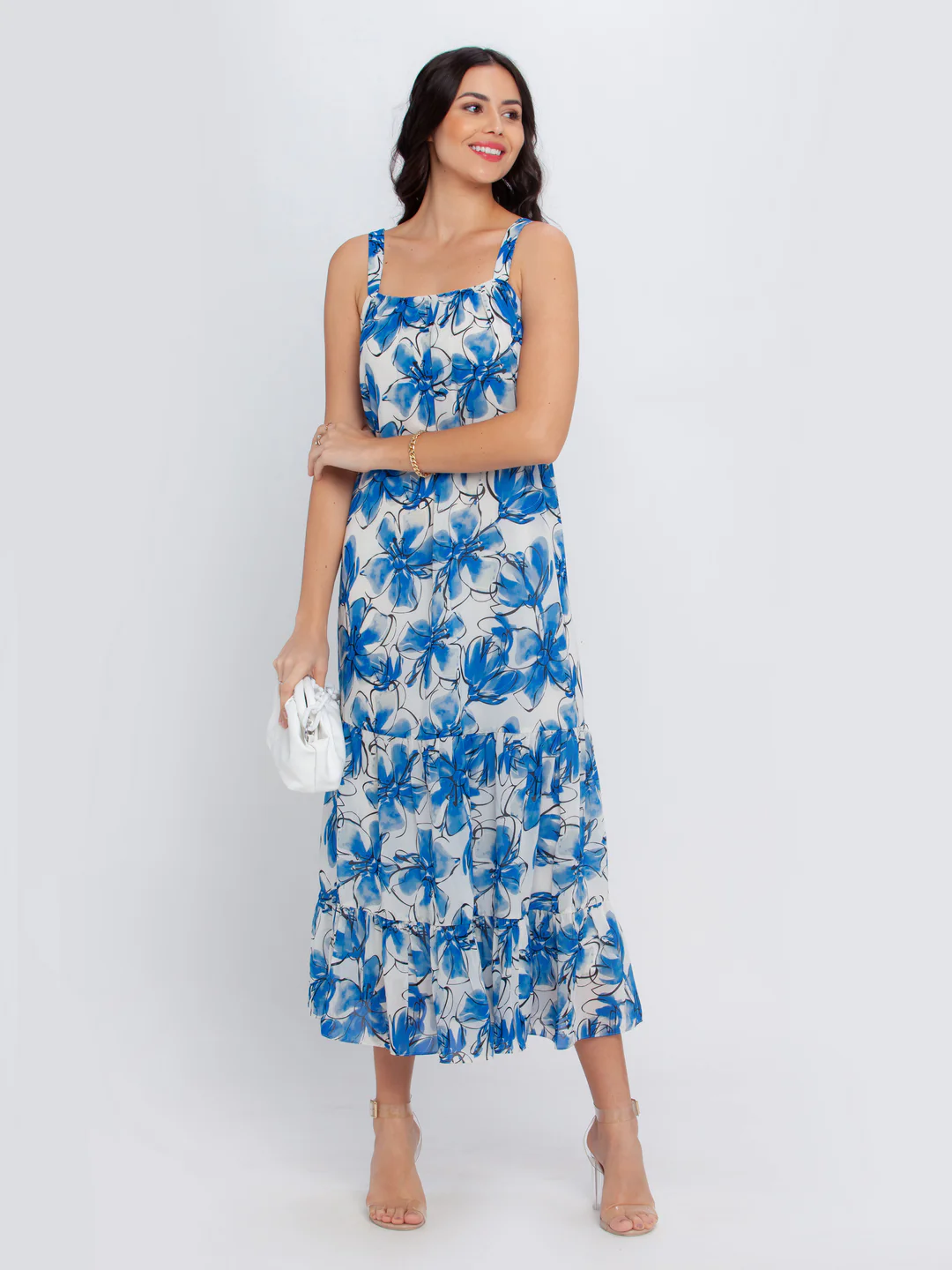 Off White Printed Flared Maxi Dress