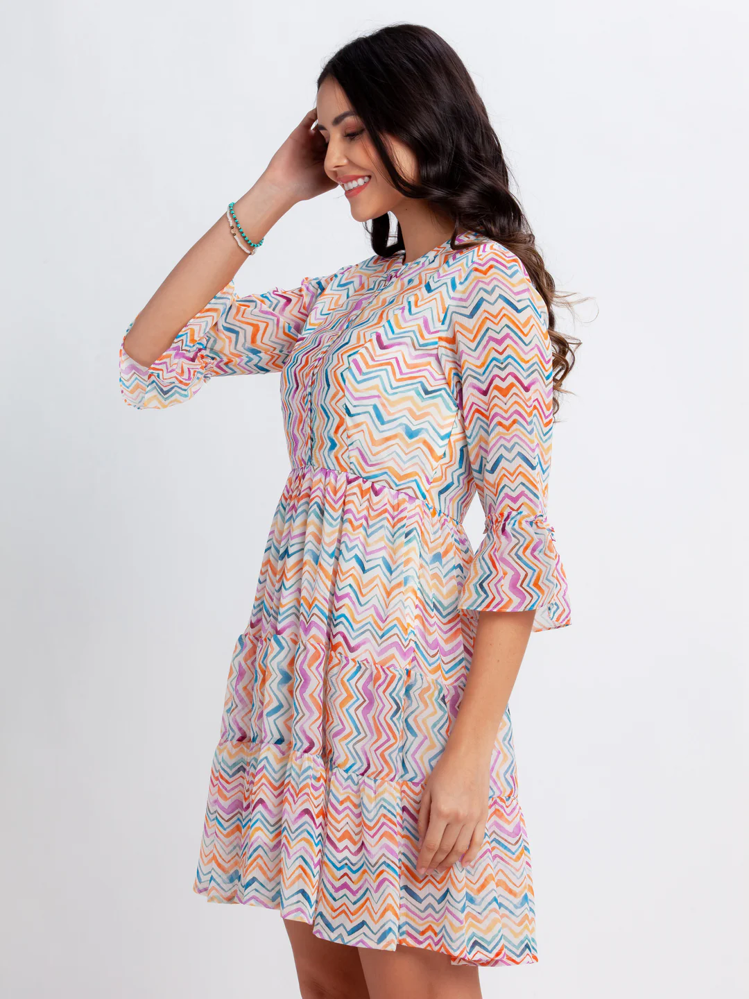 Off White Printed Flared Short Dress - Image 3