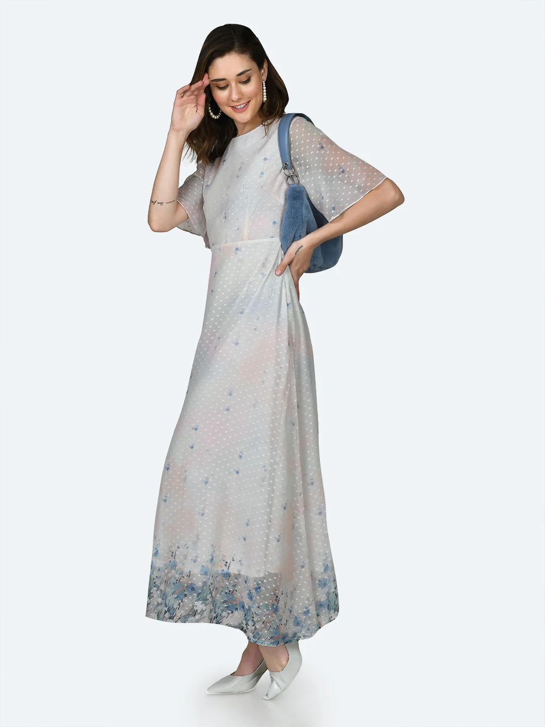 Off White Printed Flared Sleeve Maxi Dress - Image 3
