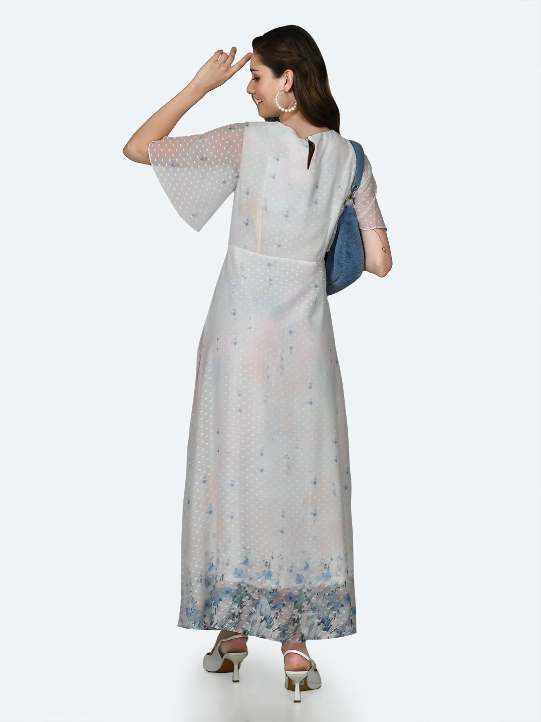 Off White Printed Flared Sleeve Maxi Dress - Image 4
