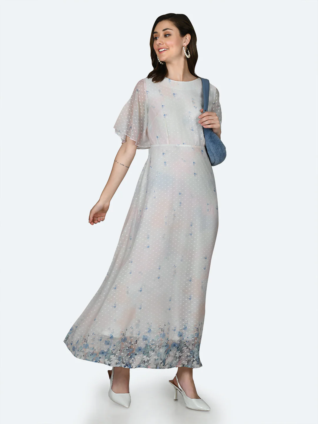 Off White Printed Flared Sleeve Maxi Dress - Image 5