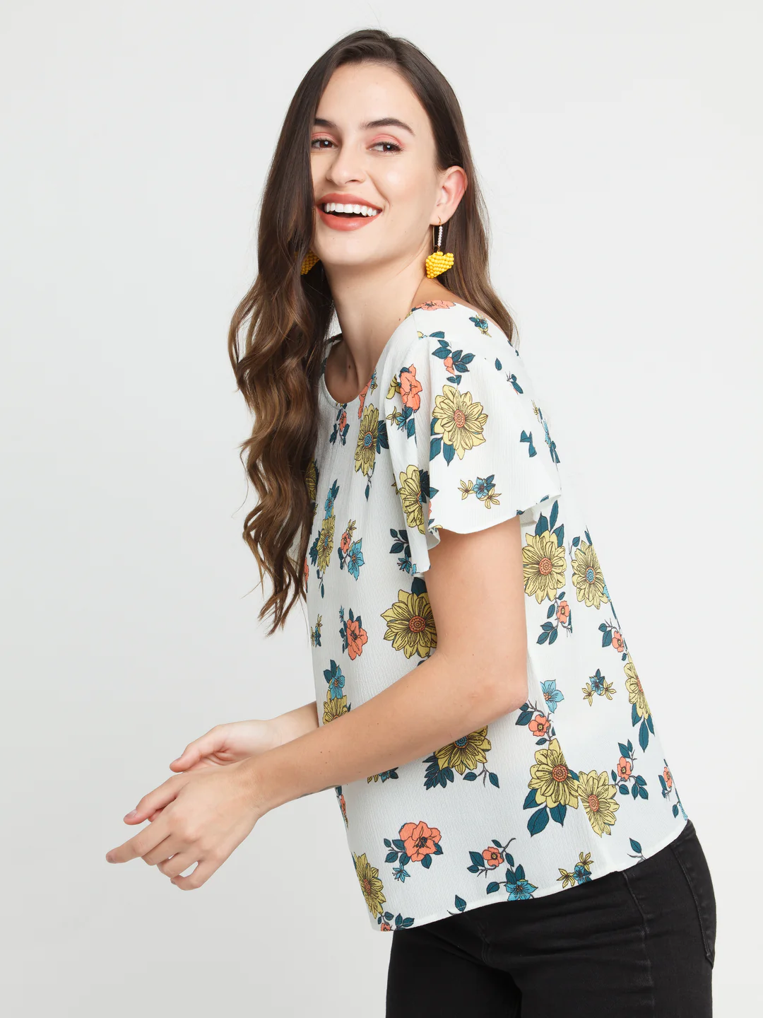 Off White Printed Flared Sleeve Top - Image 4
