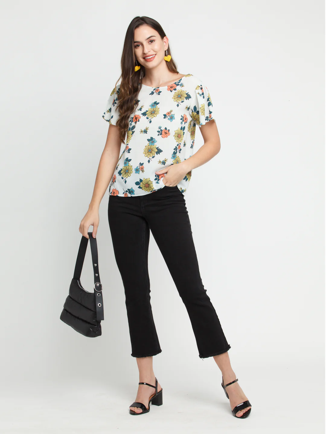 Off White Printed Flared Sleeve Top - Image 6