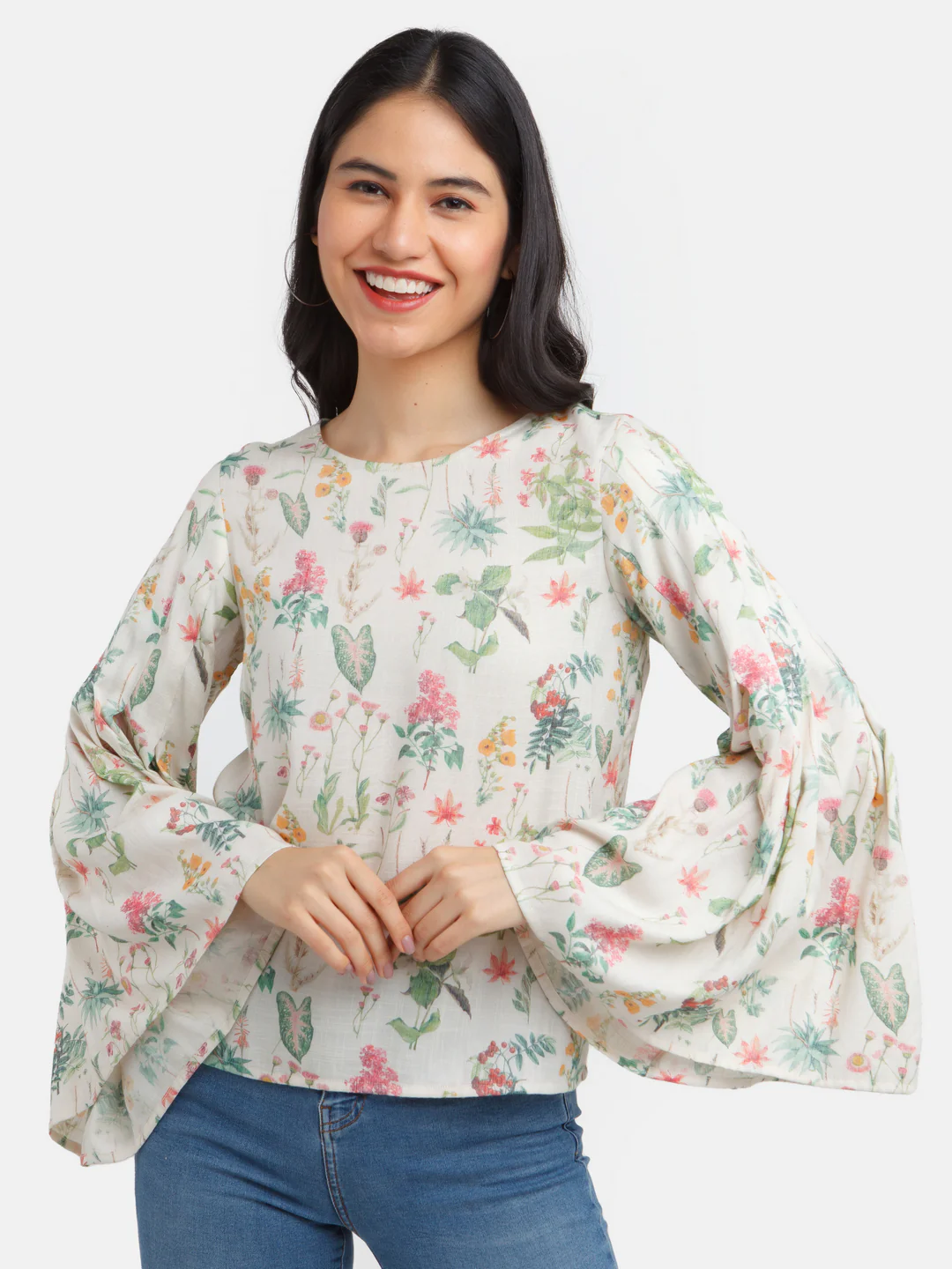 Off White Printed Flared Sleeve Top - Image 2
