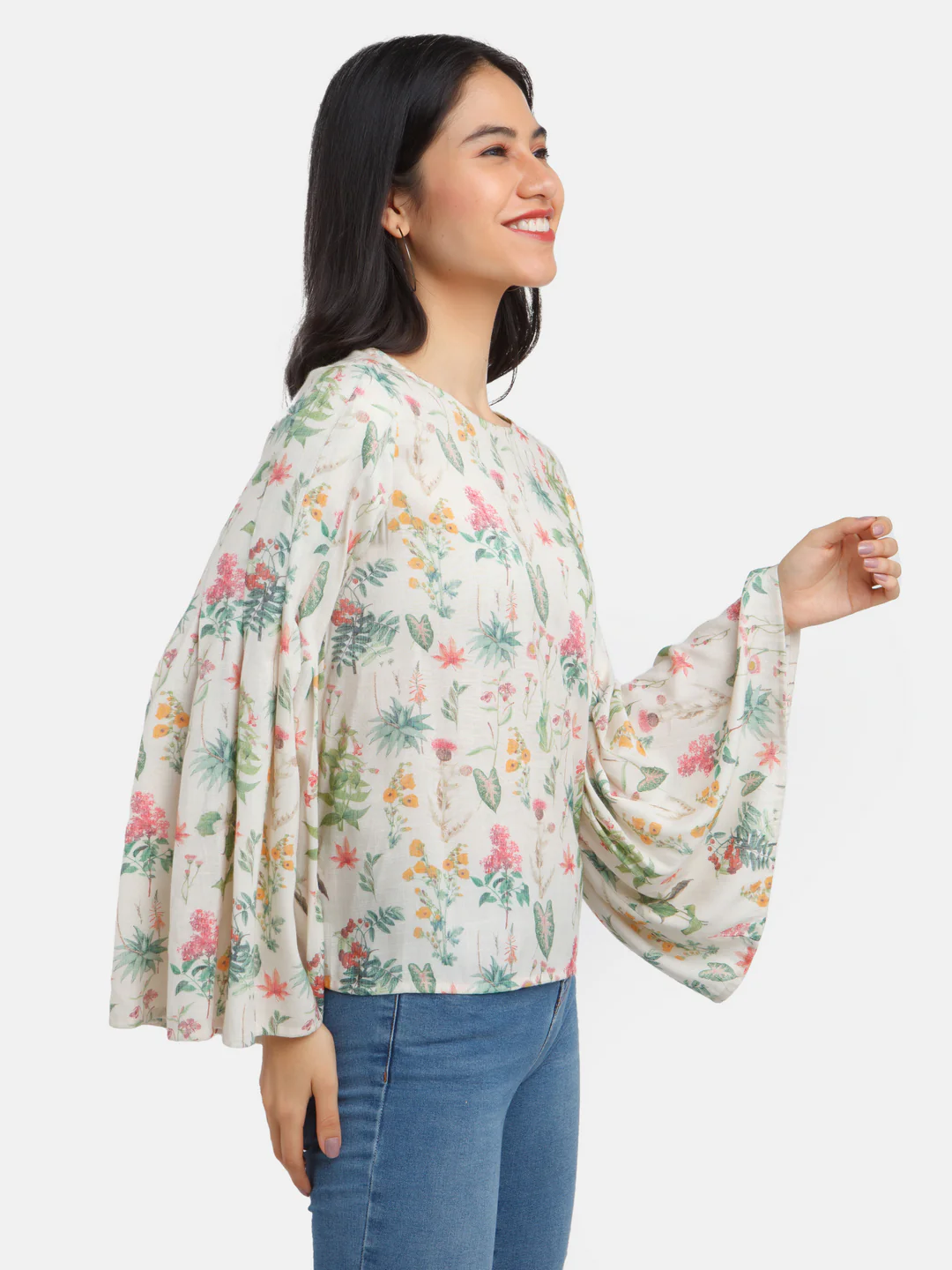 Off White Printed Flared Sleeve Top - Image 3