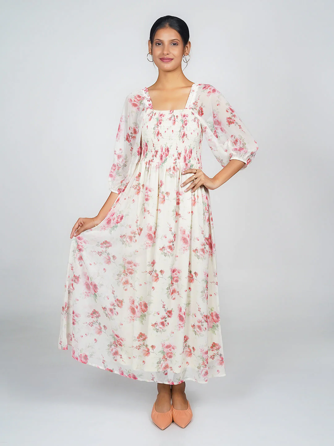 Off White Printed Floral Flared Maxi Dress - Image 2