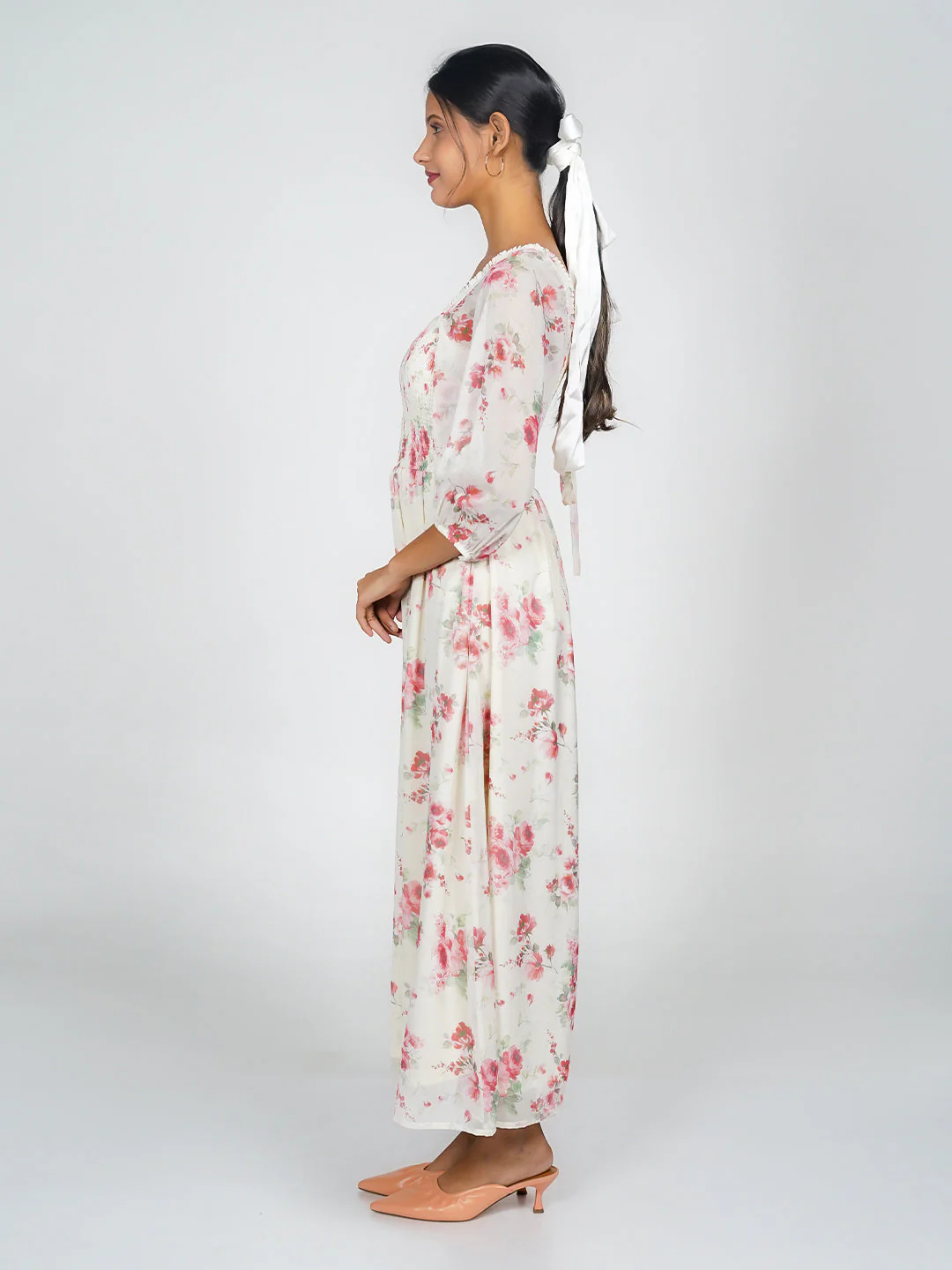 Off White Printed Floral Flared Maxi Dress - Image 3