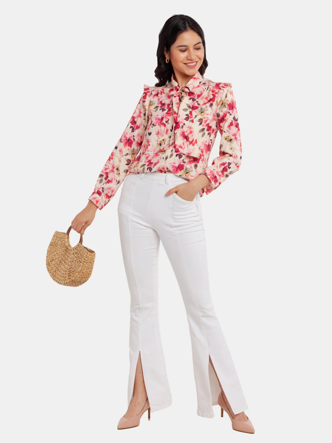 Off White Printed Frill Top - Image 6