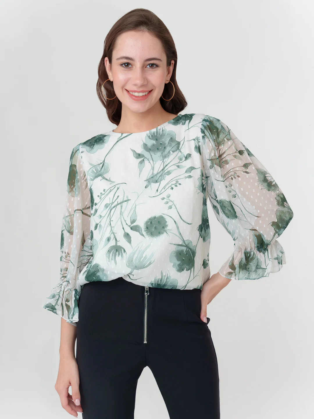 Off White Printed Frill Top - Image 2