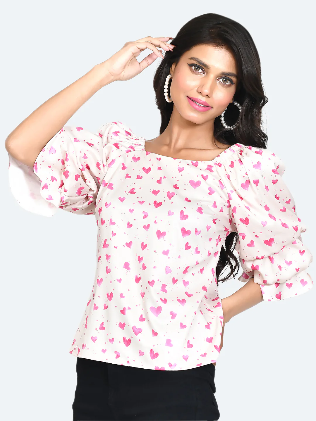 Off White Printed Puff Sleeve Top - Image 2