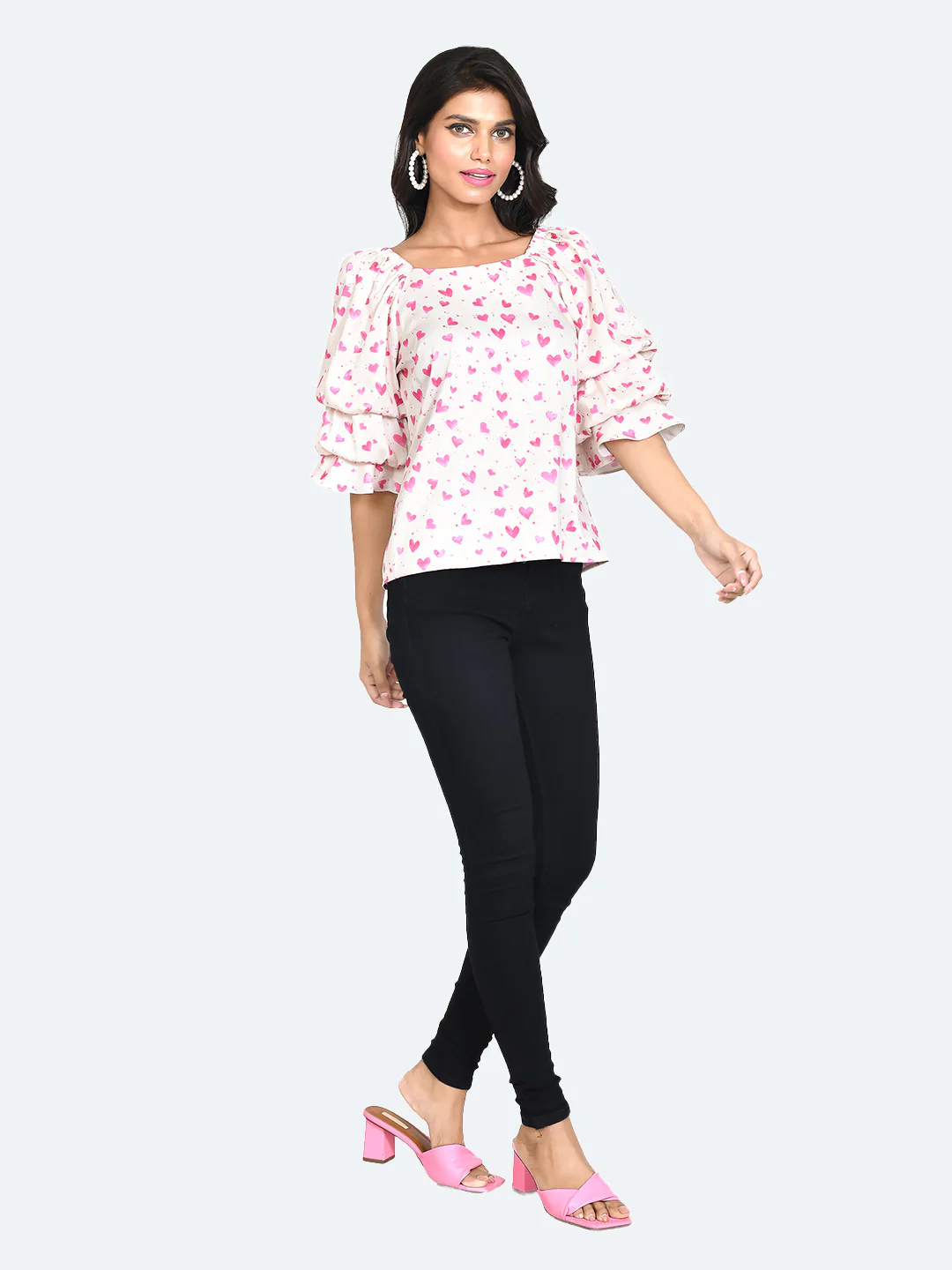 Off White Printed Puff Sleeve Top - Image 5