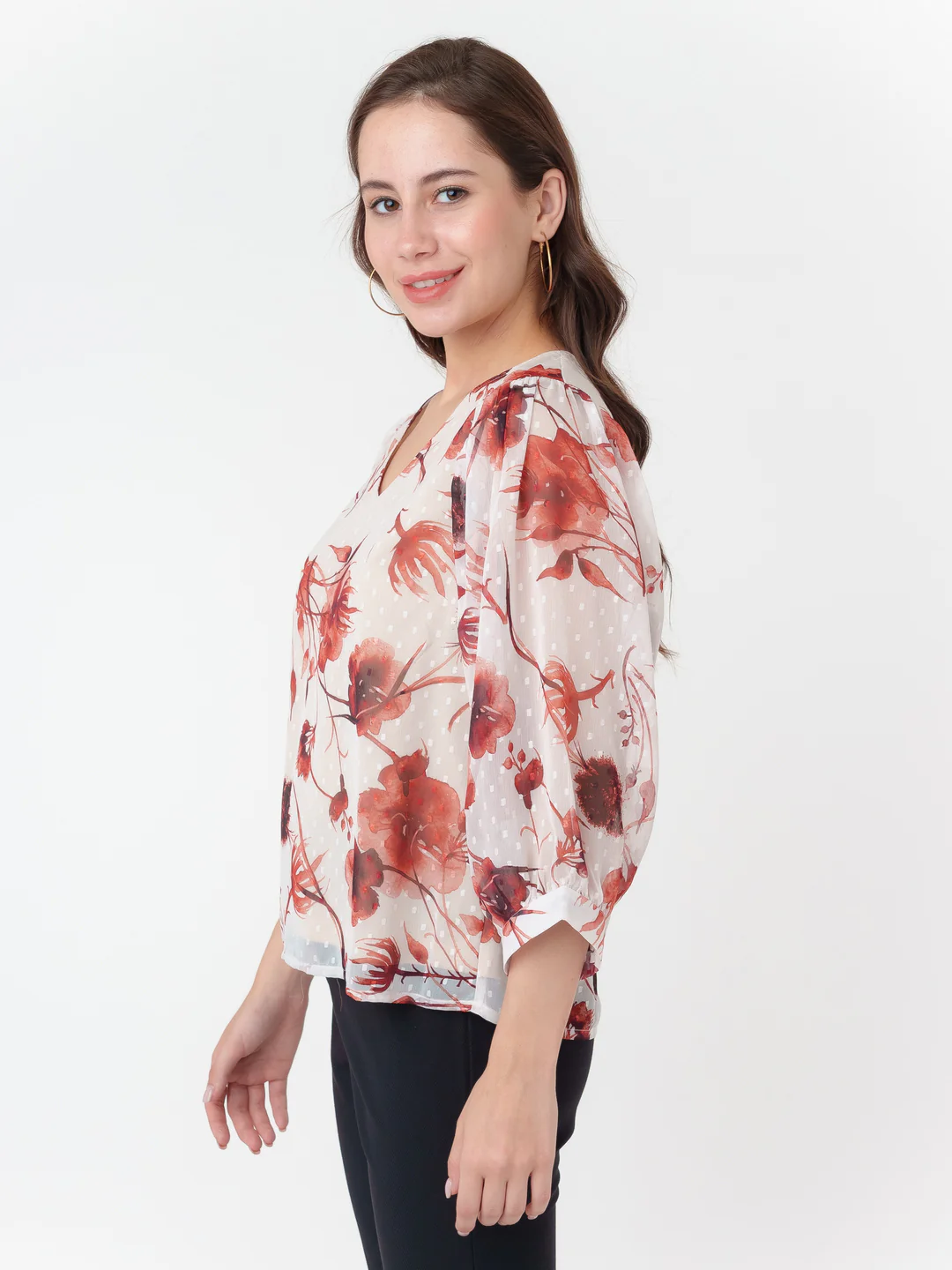 Off White Printed Puff Sleeve Top - Image 3