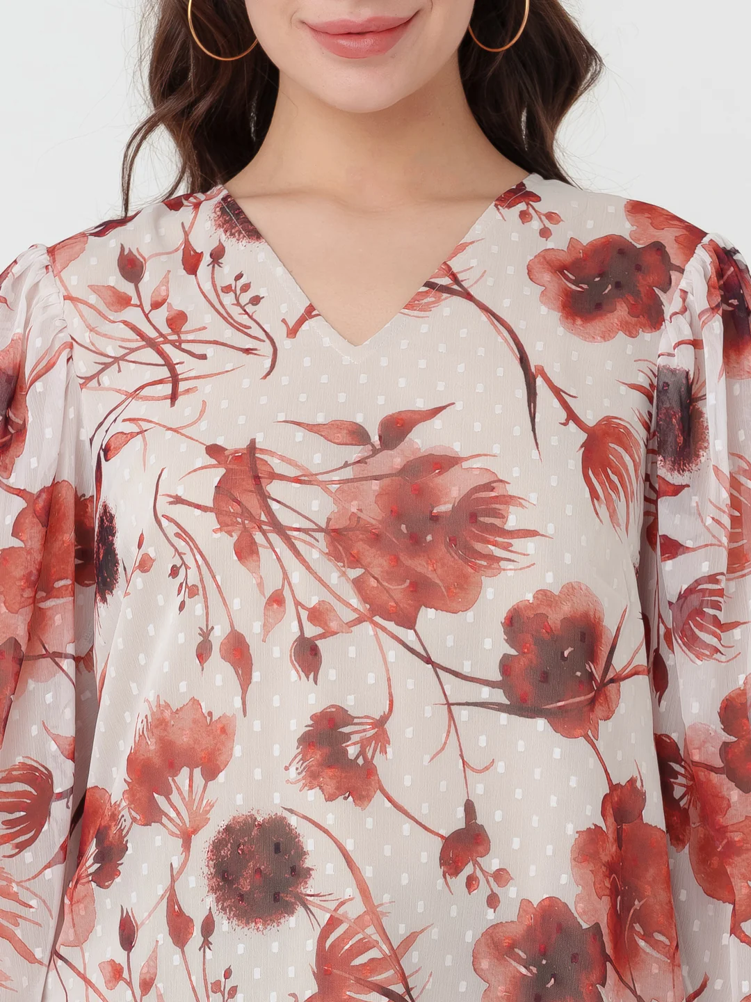 Off White Printed Puff Sleeve Top - Image 6