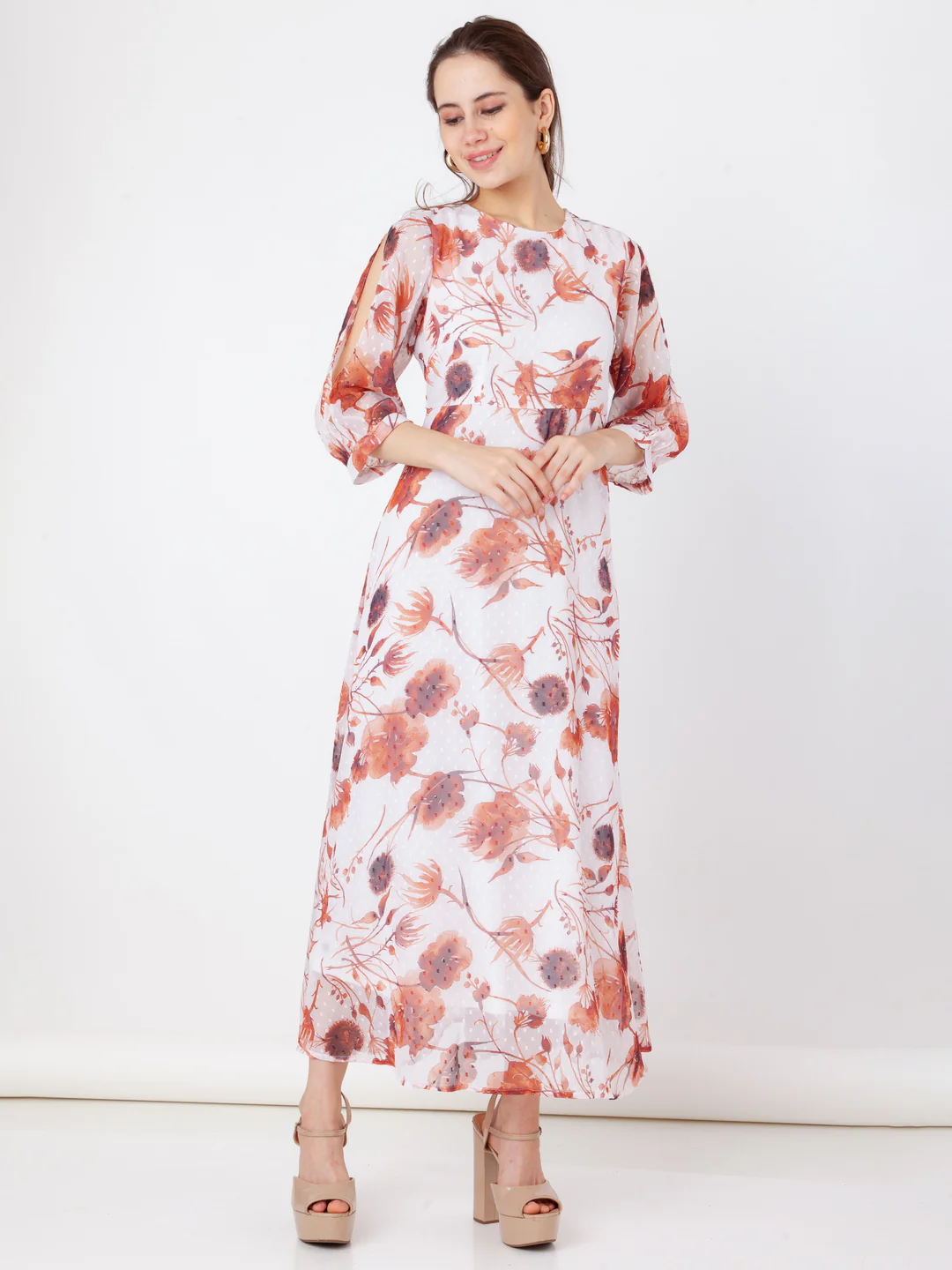 Off White Printed Regular Maxi Dress