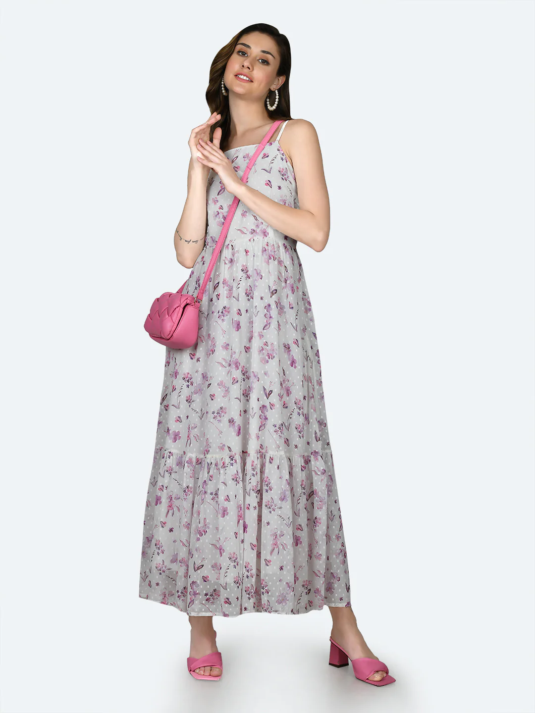 Off White Printed Strappy Maxi Dress - Image 5