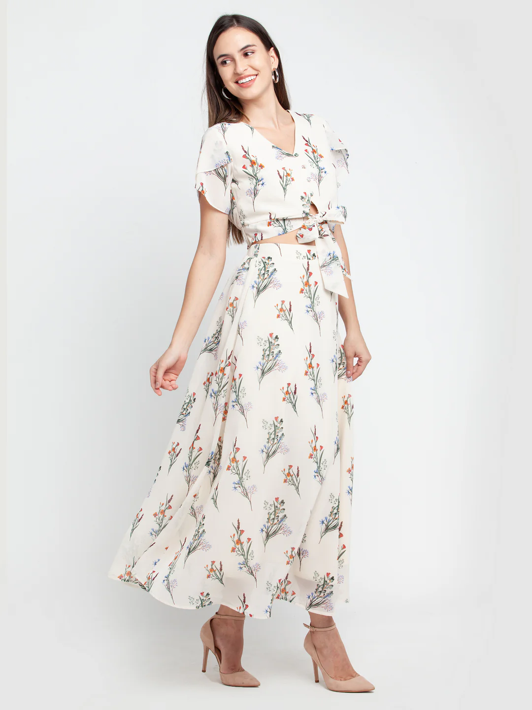Off White Printed Tie-Up Top