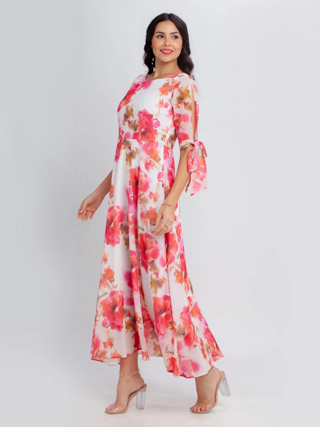 Off White Printed Tie-Up Maxi Dress - Image 3