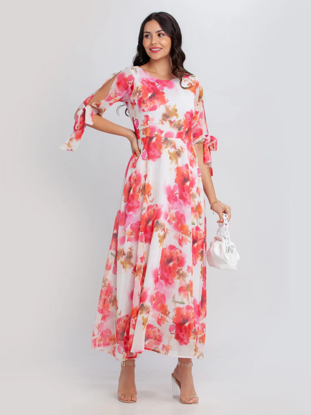 Off White Printed Tie-Up Maxi Dress - Image 5