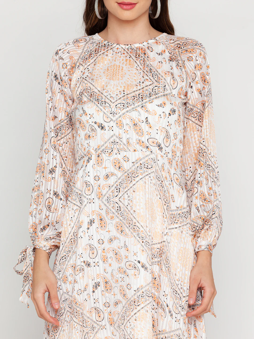 Off White Printed Tie-Up Midi Dress - Image 6