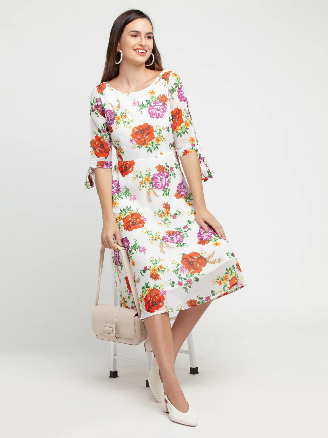 Off White Printed Tie-Up Midi Dress - Image 6