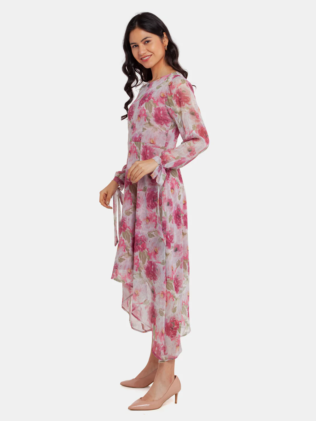 Off White Printed Tie-Up Midi Dress - Image 4
