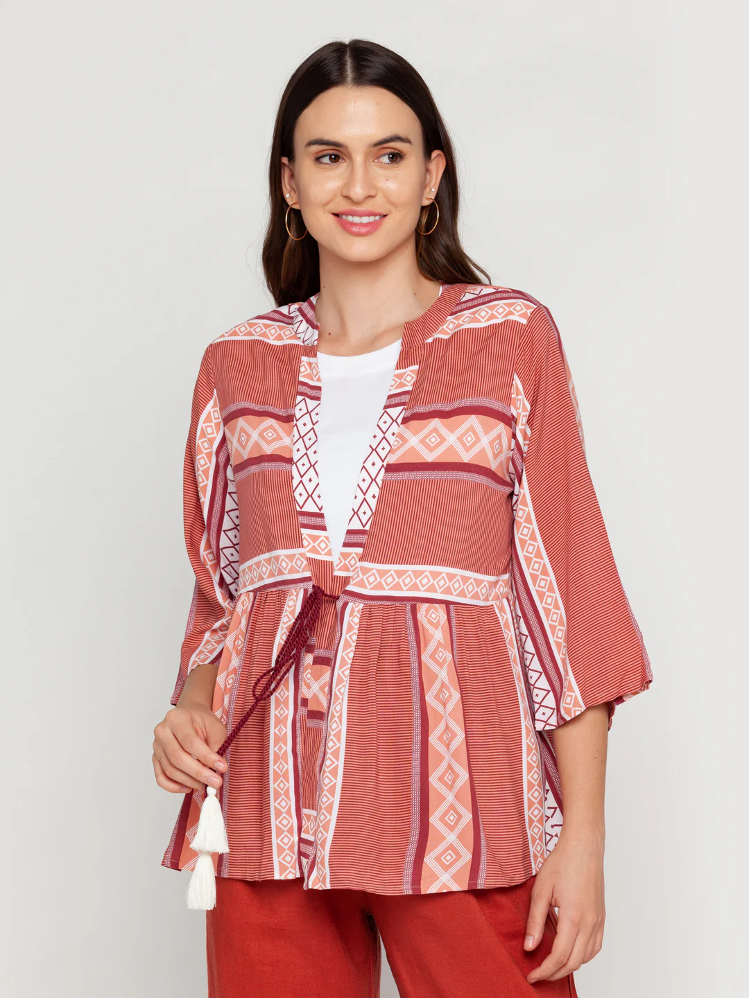 Off White Printed Tie-Up Shrug - Image 2