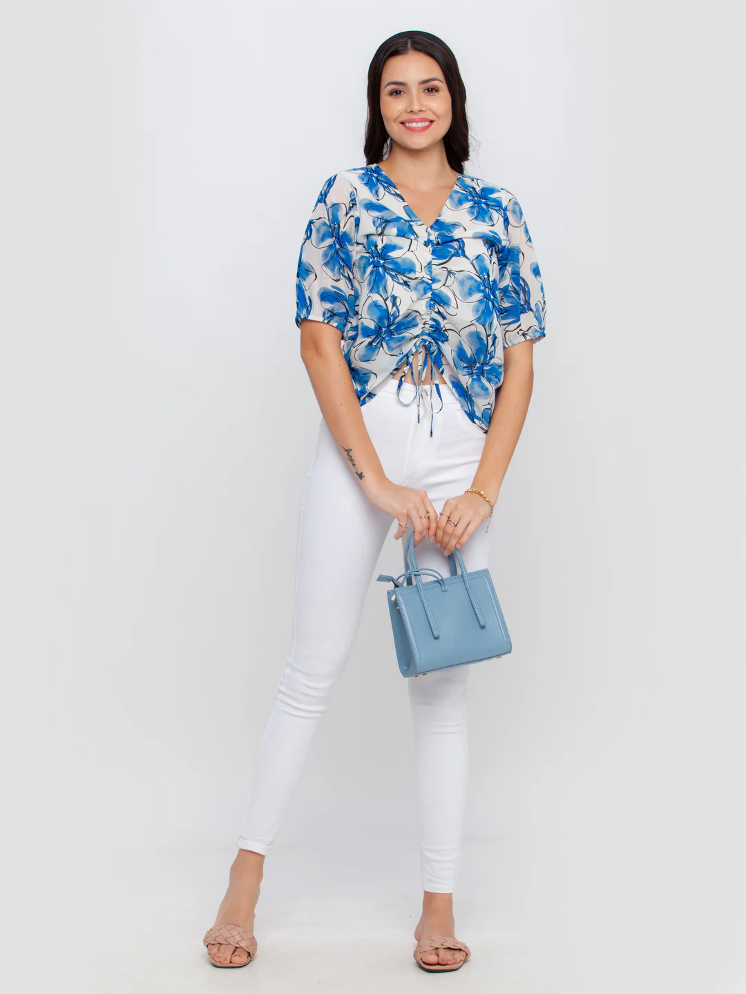 Off White Printed Tie-Up Top