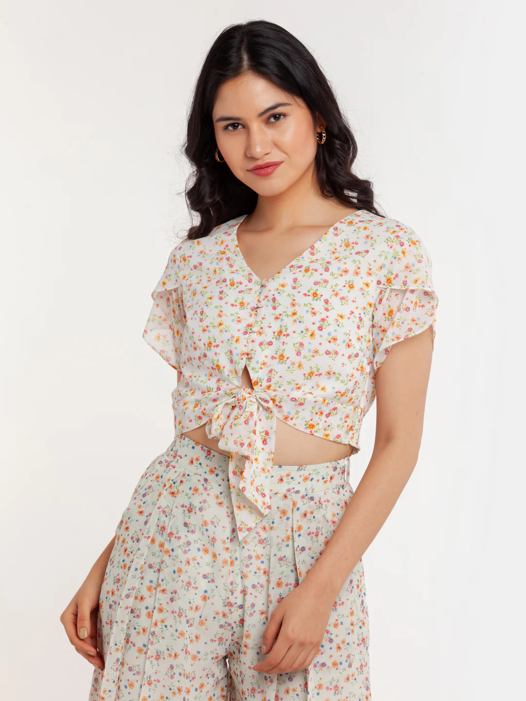 Off White Printed Tie-Up Top - Image 2