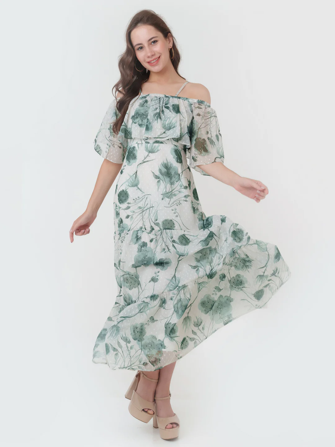 Off White Printed Tiered Maxi Dress